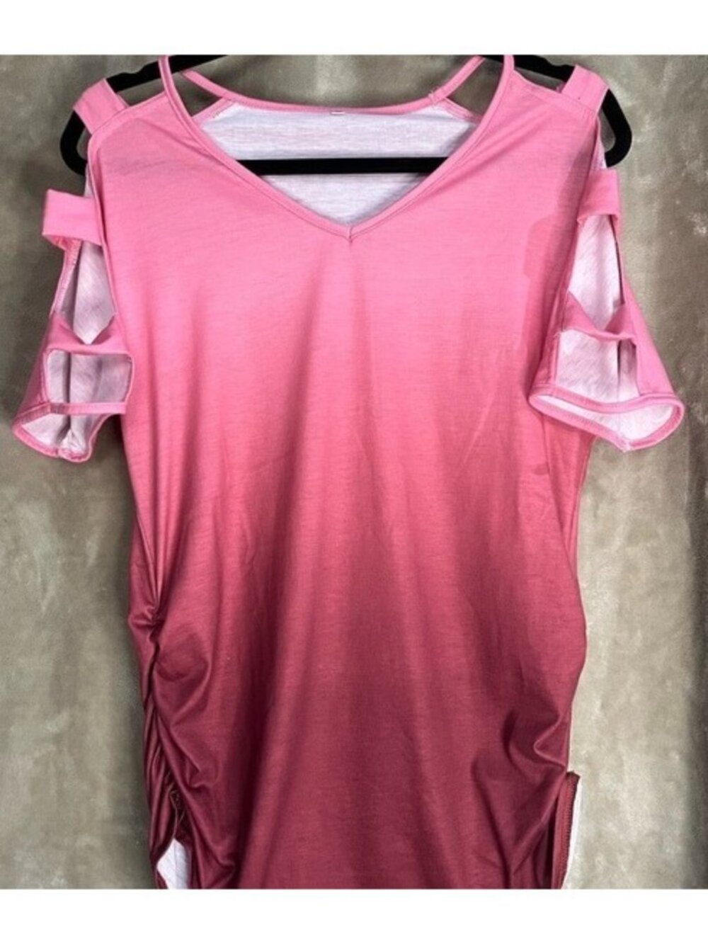 Women's V-Neck Pink Cutout Shoulder Shirt Ruched Side Seam Mauve Rose Tunic - Picture 8 of 16